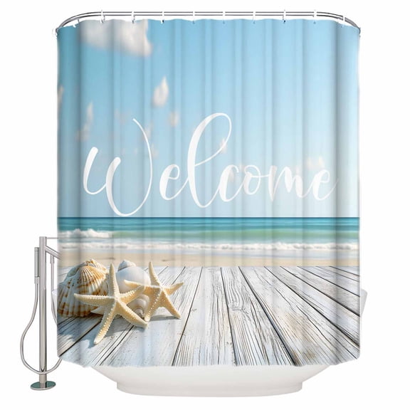 Extra Long Shower Curtain 72x84 Inch, Coastal Wooden Shower Curtain Waterproof Bathroom Decor Welcome Summer Seaside Starfish Shell Fabric Bath Curtain Set Accessories with Hooks