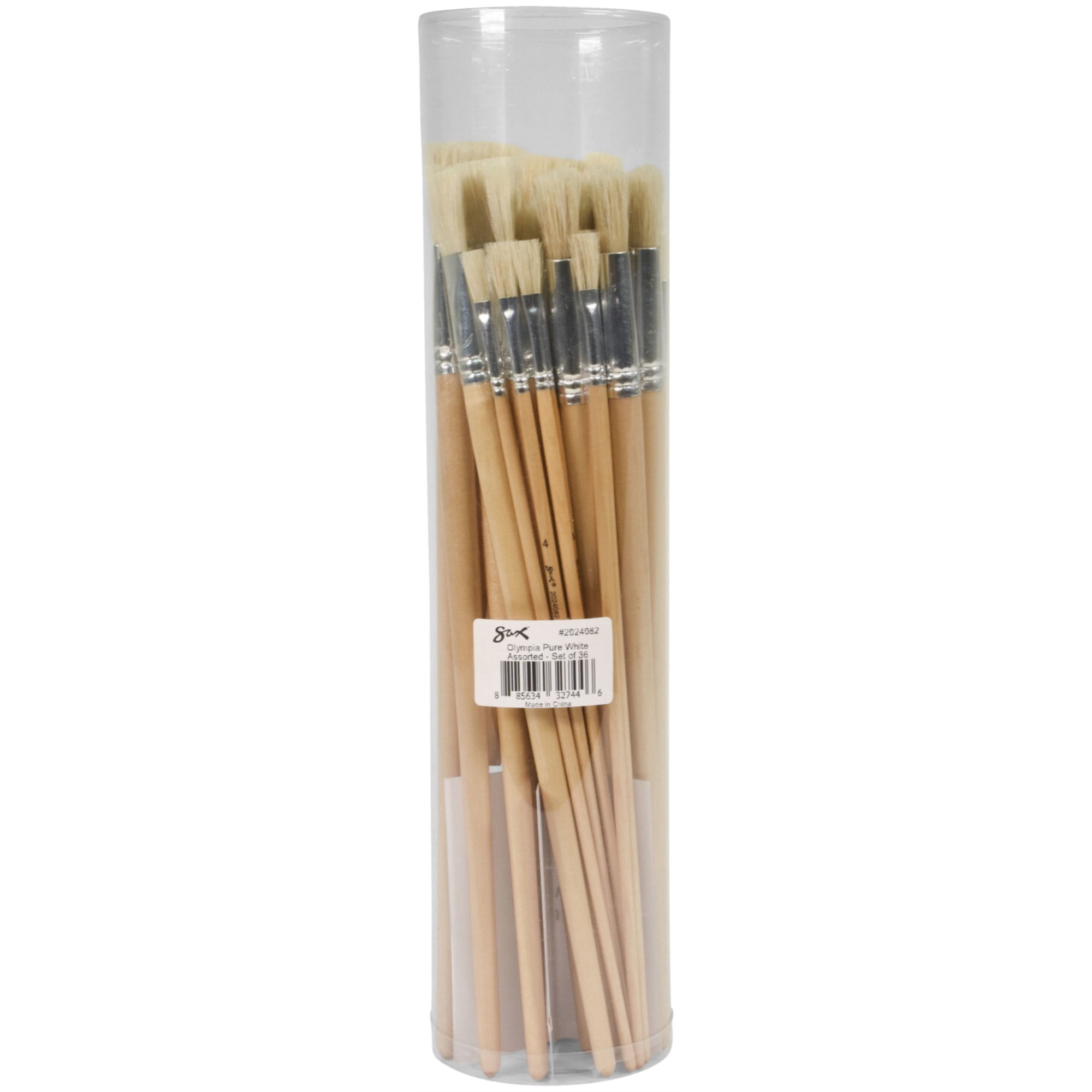 Sax Olympia Interlocked Hog Hair Bristle Long Handle Paint Brushes, Assorted Sizes, Set of 36