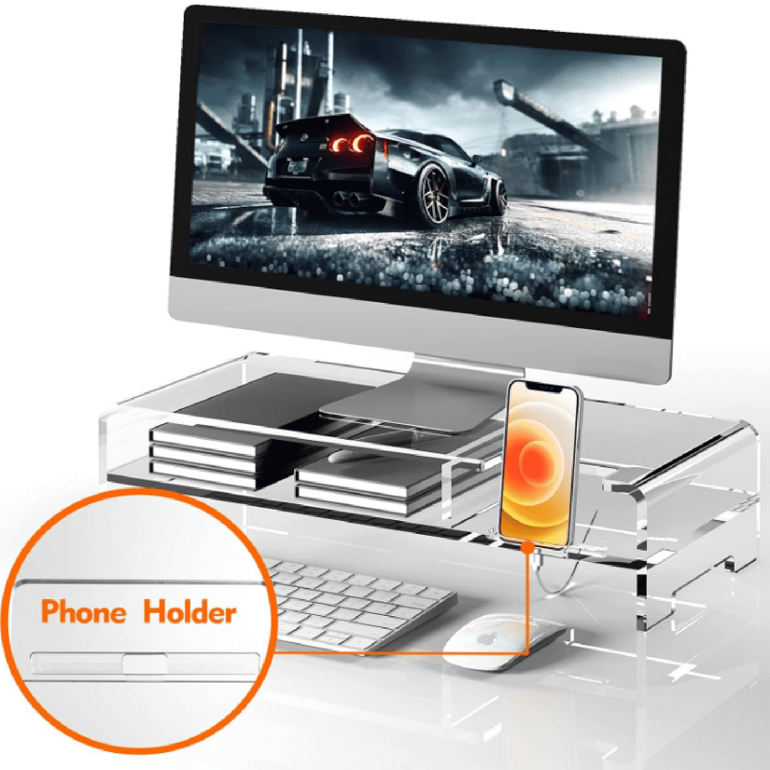 Acrylic Monitor Stand for Full Keyboard, 20" Wide 2-Tier Riser with Storage Shelf and Phone Holder, Desktop Organizer for Laptop, Printer, Screen (Clear)