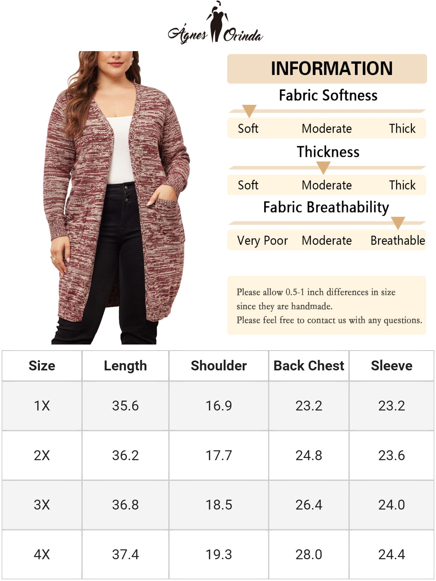 DARING DIVA Plus Size Contrast Color Open Front Long Sleeve Cardigan 1X Burgundy