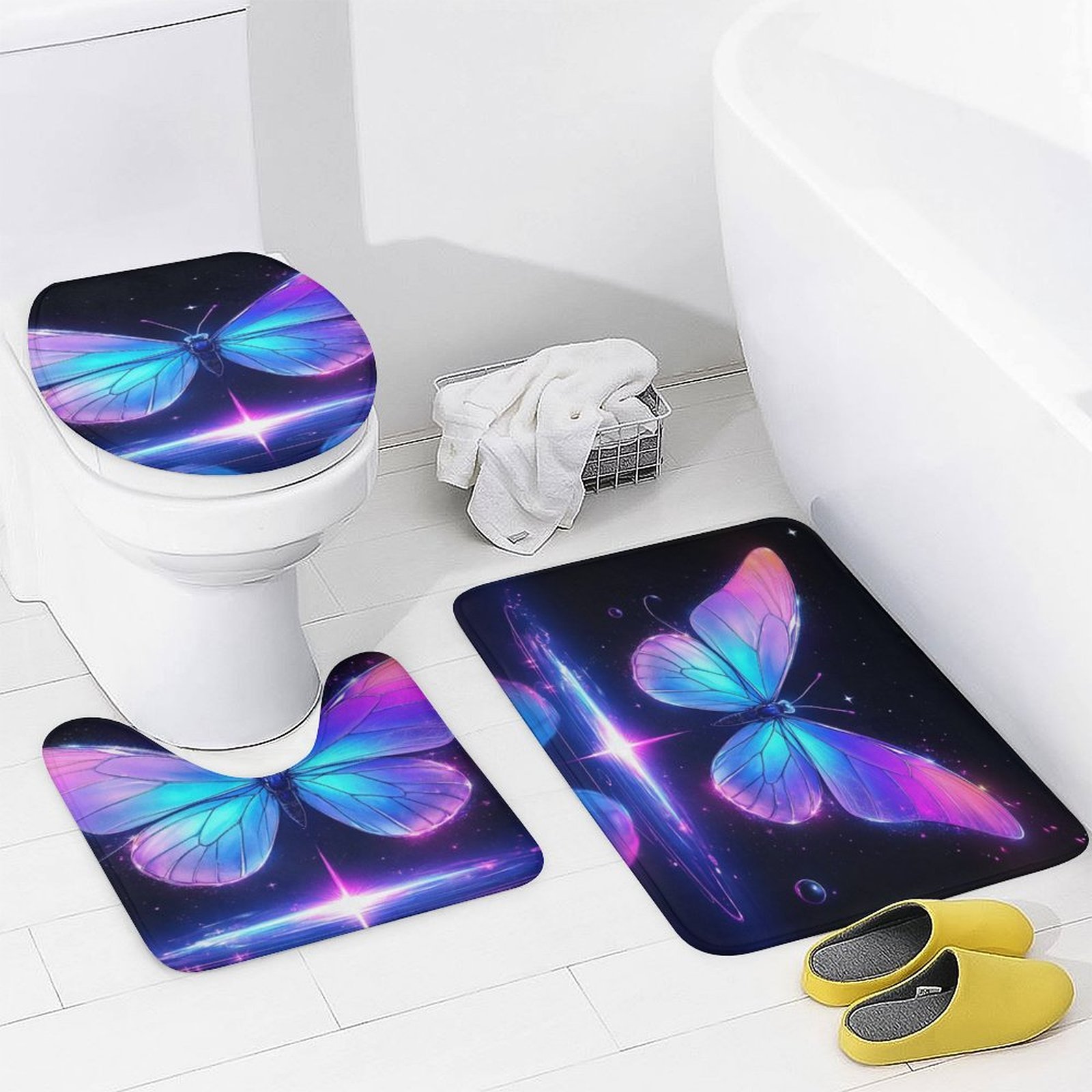 Dreamy Purple Butterfly Pattern (110)-1 Shower Curtain Set Modern Bathroom Decor Mats 4pcs Fabric Bathroom Curtain Slip Floor Rug Toilet Lid