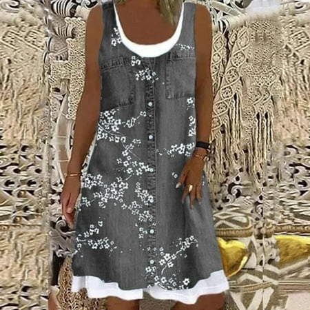 

cllios Women Fashion Casual Round-Neck Floral Printing Fake Two-Piece Dress for Women 2022