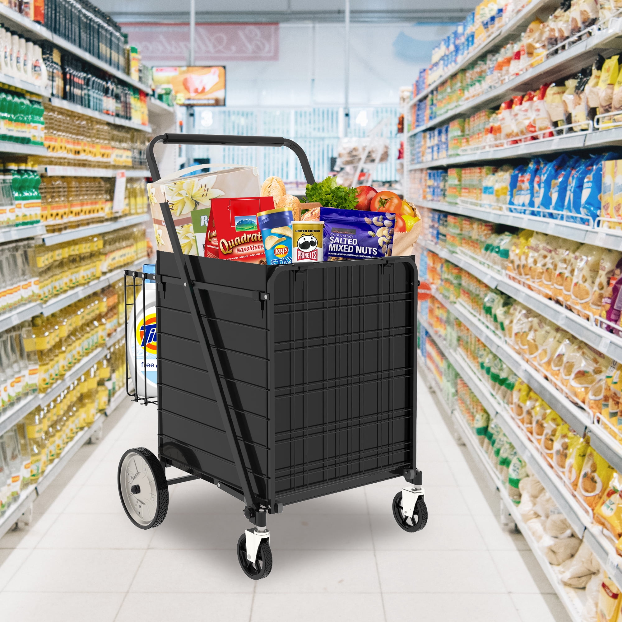Shopping Cart,Grocery Cart on Wheels, Foldable Utility Shopping Carts with Double Basket and 360° Rolling Swivel Wheels for Groceries Laundry