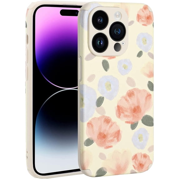 Designed Case for iPhone 14 Pro, PU Leather Grain Phone Case for iPhone 14 Pro 2022 (6.1 Inch), Cover Case for Girls Women, Vintage - Flower