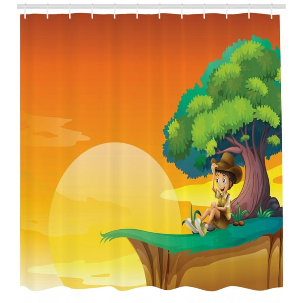 Boy Scout Shower Curtain, Little Kid Sitting by A Big Tree Landscape on