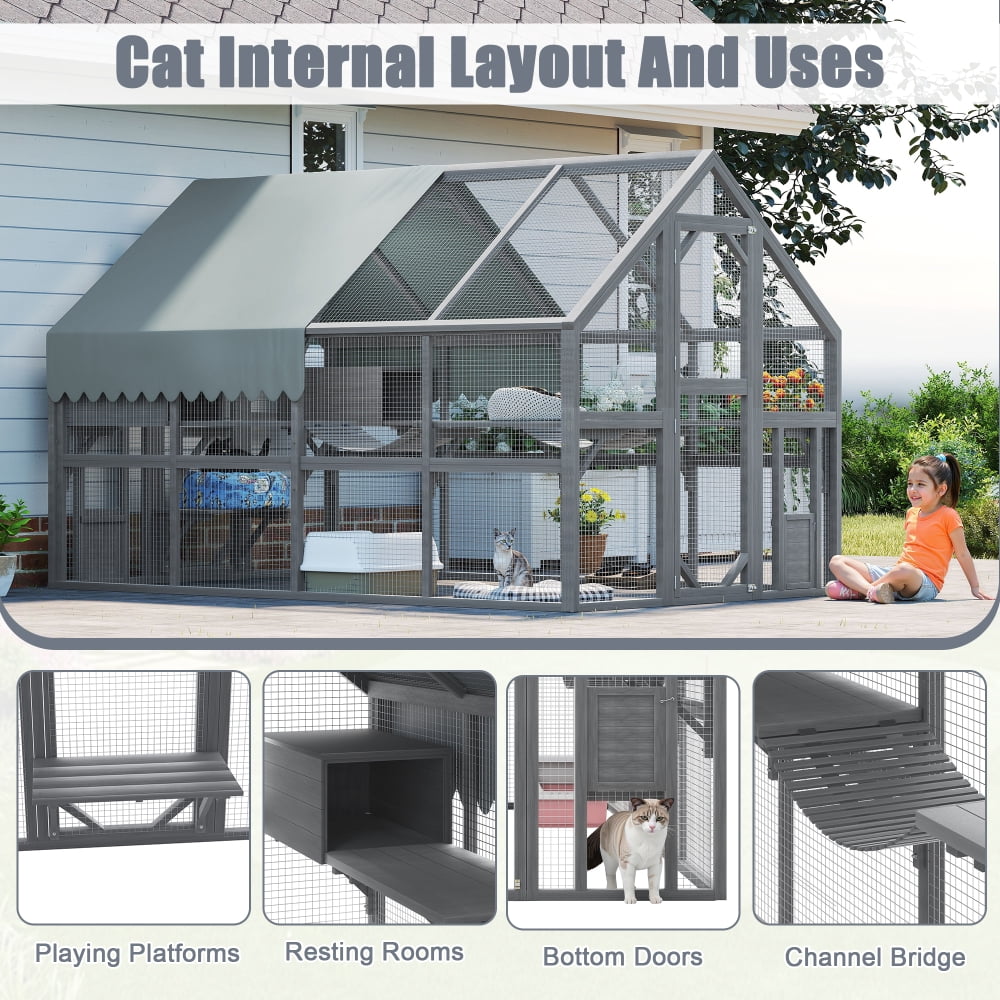 Large Wooden Outdoor Cat Enclosure with 7 Platforms, Resting Boxes & Waterproof UV-Proof Canopy