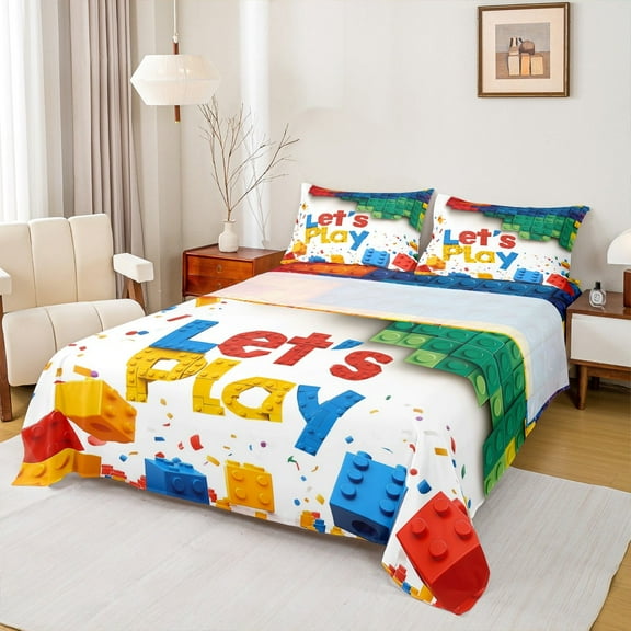 Manfei Multicolor Building Block Sheet Set Twin,Boys Games Bedding Sets Twin Size,Colorful Ombre Twin Sheet Sets For Boy,Breathable Room Decoration,3 Pieces