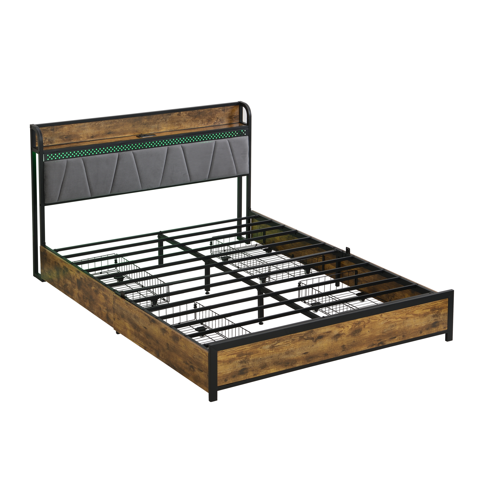 Leumius Full Size Bed Frame with LED Lights, Industrial Platform Bed with Charging Station & 4 Storage Drawers, Full