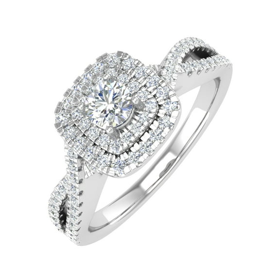 1/2 Carat Cushion cut Halo Diamond Engagement Ring in 14K White Gold - IGI Certified (Ring Size 5.75) (I1-I2 Clarity)