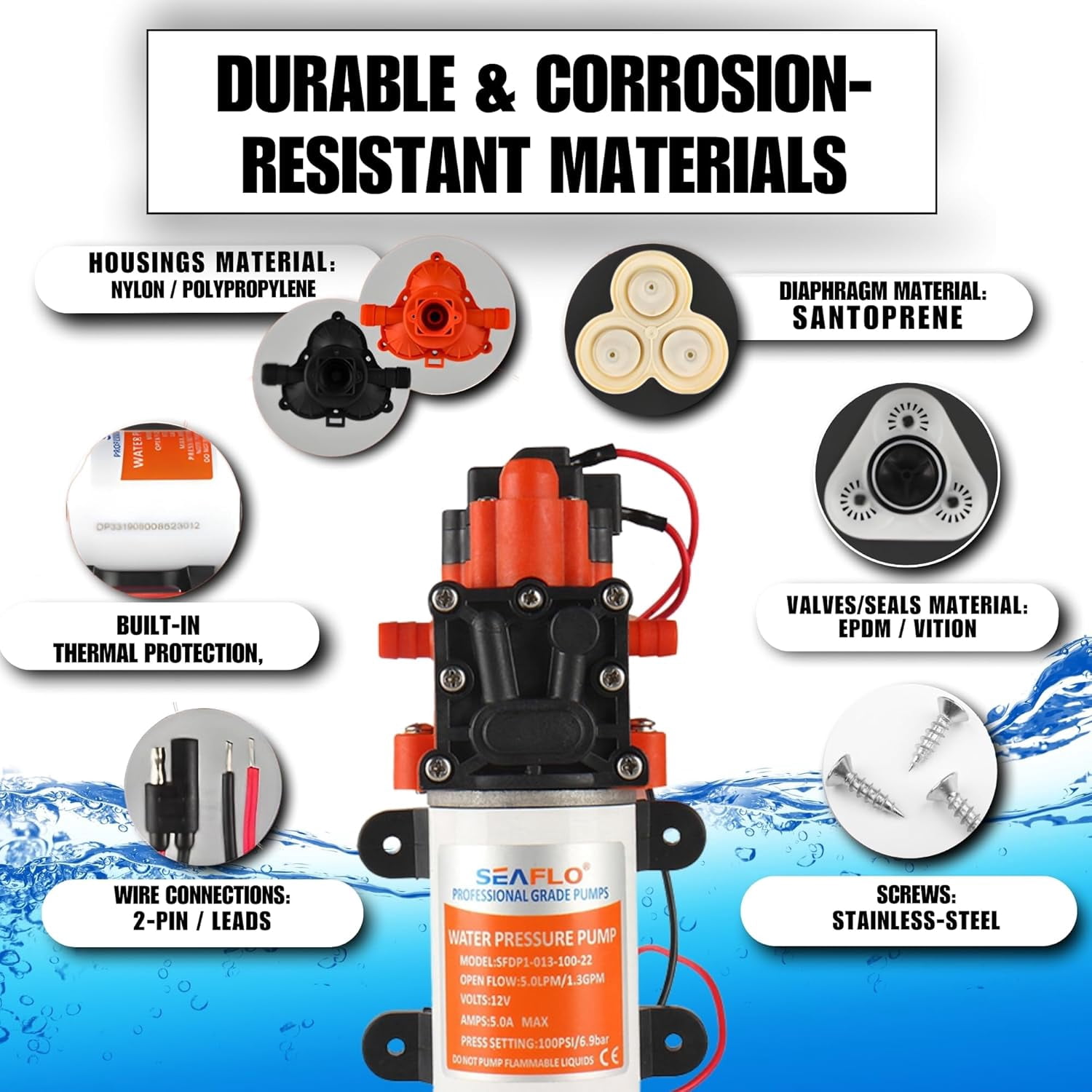SEAFLO 22-Series 12V Water Pump – 1.3 GPM, 100 PSI | On-Demand Diaphragm Pump for RV, Marine, Agriculture & Off-Grid Use