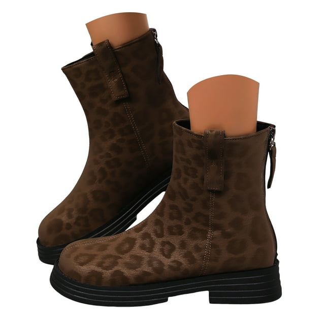 Mepaouo Bottes Chelsea pour Femmes à Bout Carré, Léopard, à Enfiler, Bottillons, Bottes de Combat d'Hiver pour Robe