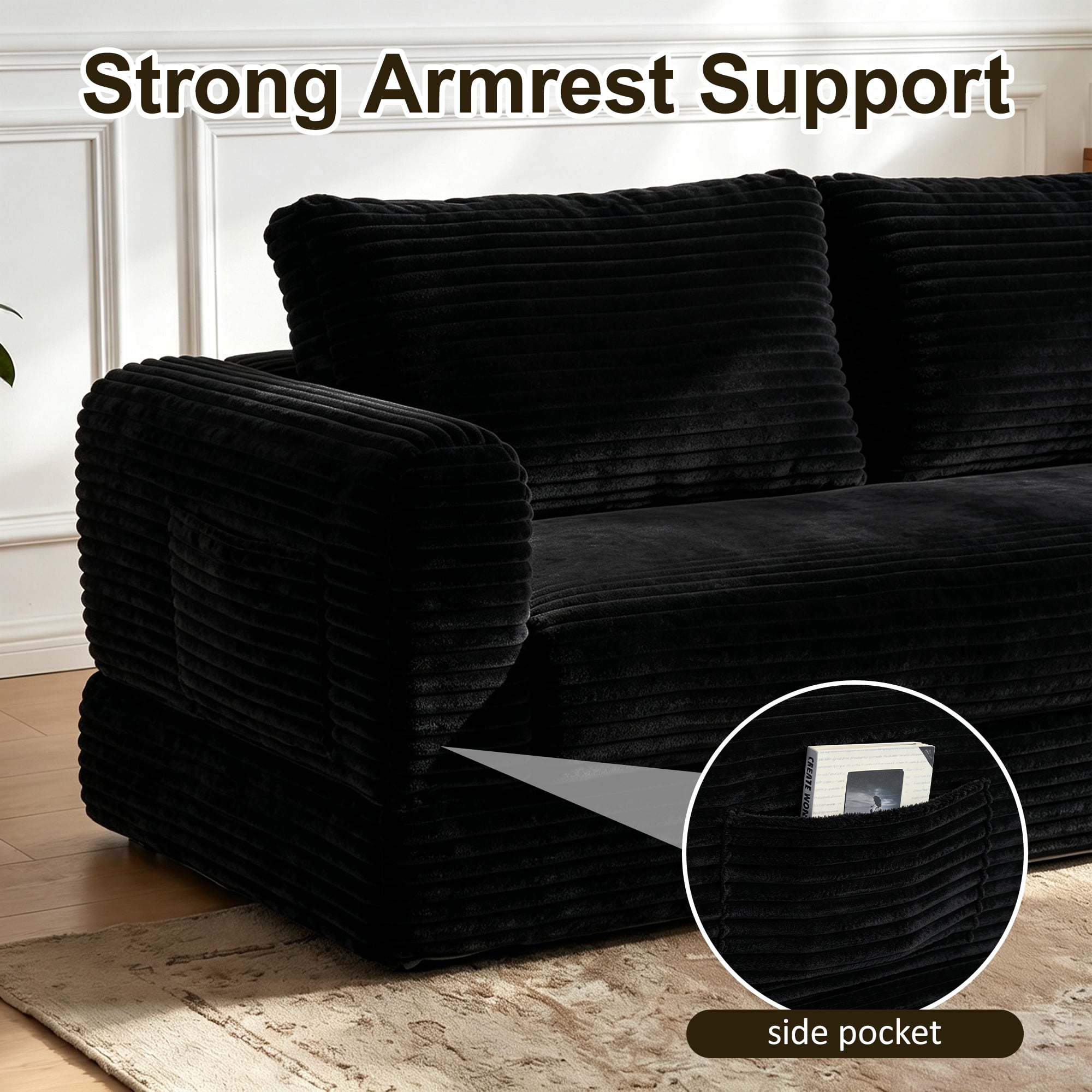 55" Convertible Futon Sofa Bed,Folding Boneless Couch with Sleeper Sofa,Fold Out Floor Sofa with Deep Seat,Cloud Corduroy Foldable Mattress Couch for Living Room,Black