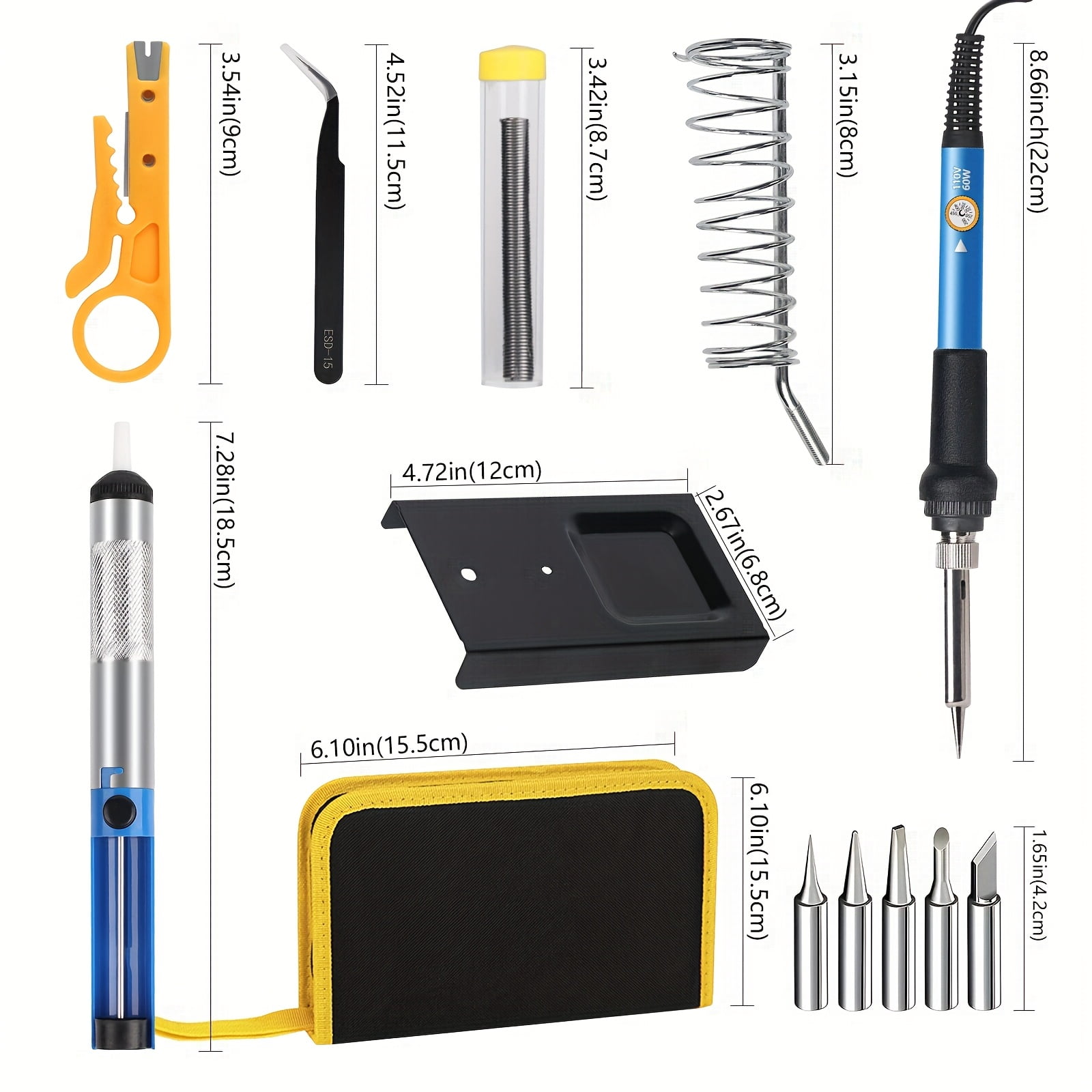 15/19pcs 60W Electrical Soldering Iron Kit - US Plug Adjustable Temperature 200-450°C Welding Tool, 15pcs Excludes Multimeter for DIY/Electronics Repair