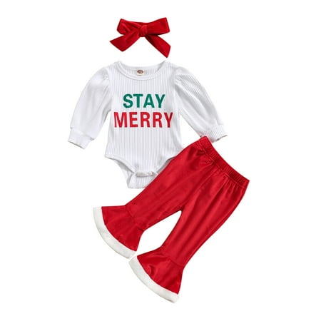 

GWAABD Kids Girls Clothes White Cotton Spandex Baby Girls Long Sleeve Letter Ribbed Romper Tops Long Flared Pants Headband Xmas Outfits Clothes 3PCS Set 100