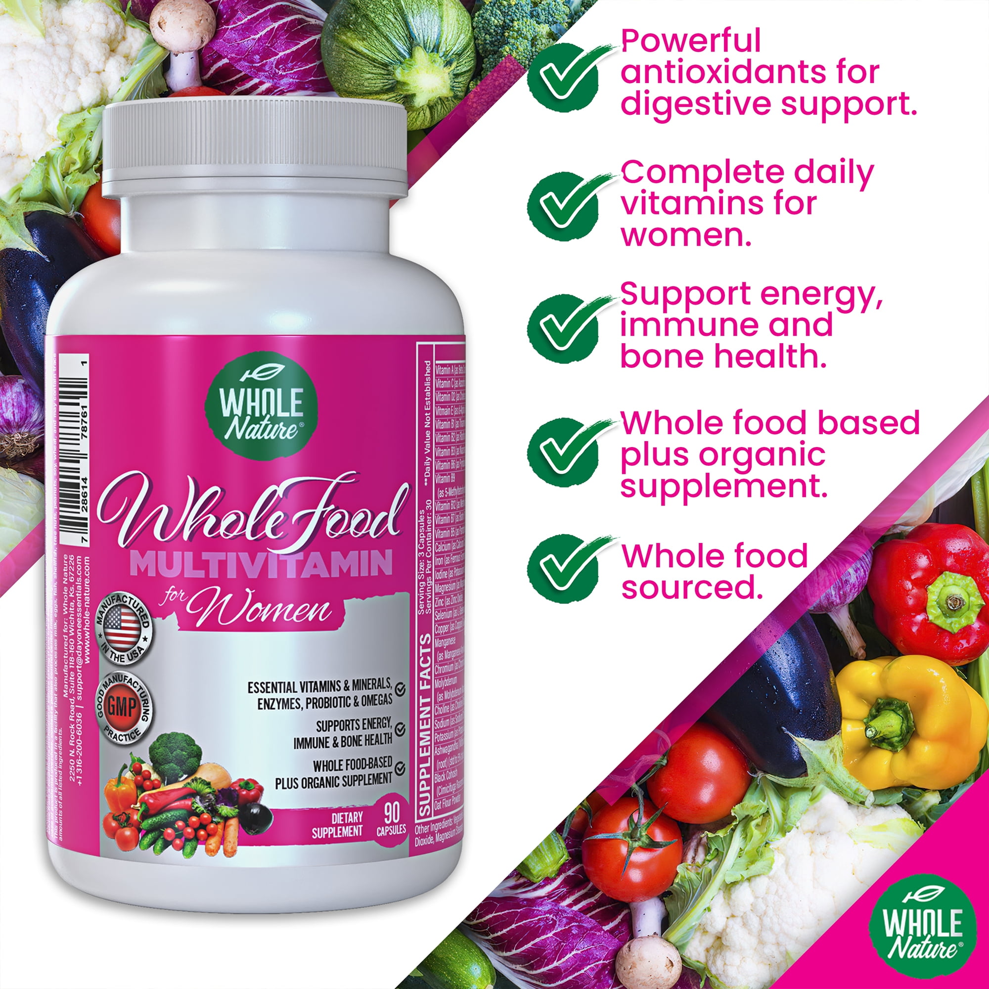 Whole Nature Natural Whole Food Multivitamin Powder with Vitamins, Antioxidants, Probiotics, Gluten Free, 90 Capsules