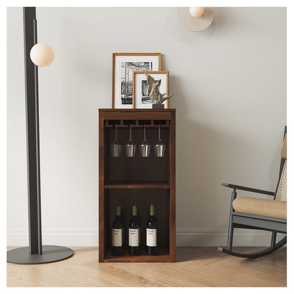 Brown walnut color modular wine bar Cabinet with Storage Shelves with Hutch for Dining Room