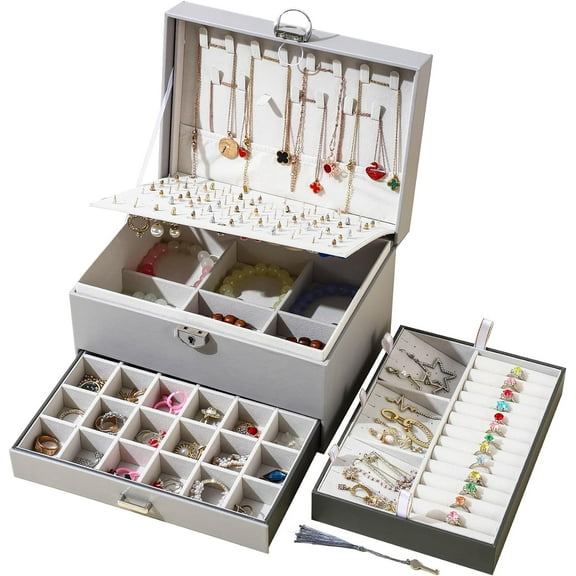 BOOVO Earring Jewelry Box For Women Girl Stud Organizer, 5 Layers Girl Jewelry Organizer Box With Lock Earring Holder Organizer Necklace Ring Jewelry Organizer Box For Girls (grey)