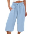 thumbnail image 5 of Zynoxe Womens Capri Pants Summer Solid Color Elastic Waist Drawstring Peasant Gauze Cropped Pants with Pockets Cotton Linen Straight Lounge Pants Light Blue 2XL, 5 of 5