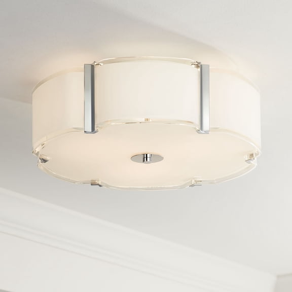 Possini Euro Design Flair Modern Ceiling Light Flush Mount Fixture 16 3/4" Wide Chrome 3-Light White Glass Scalloped Edge Drum Shade for Bedroom House