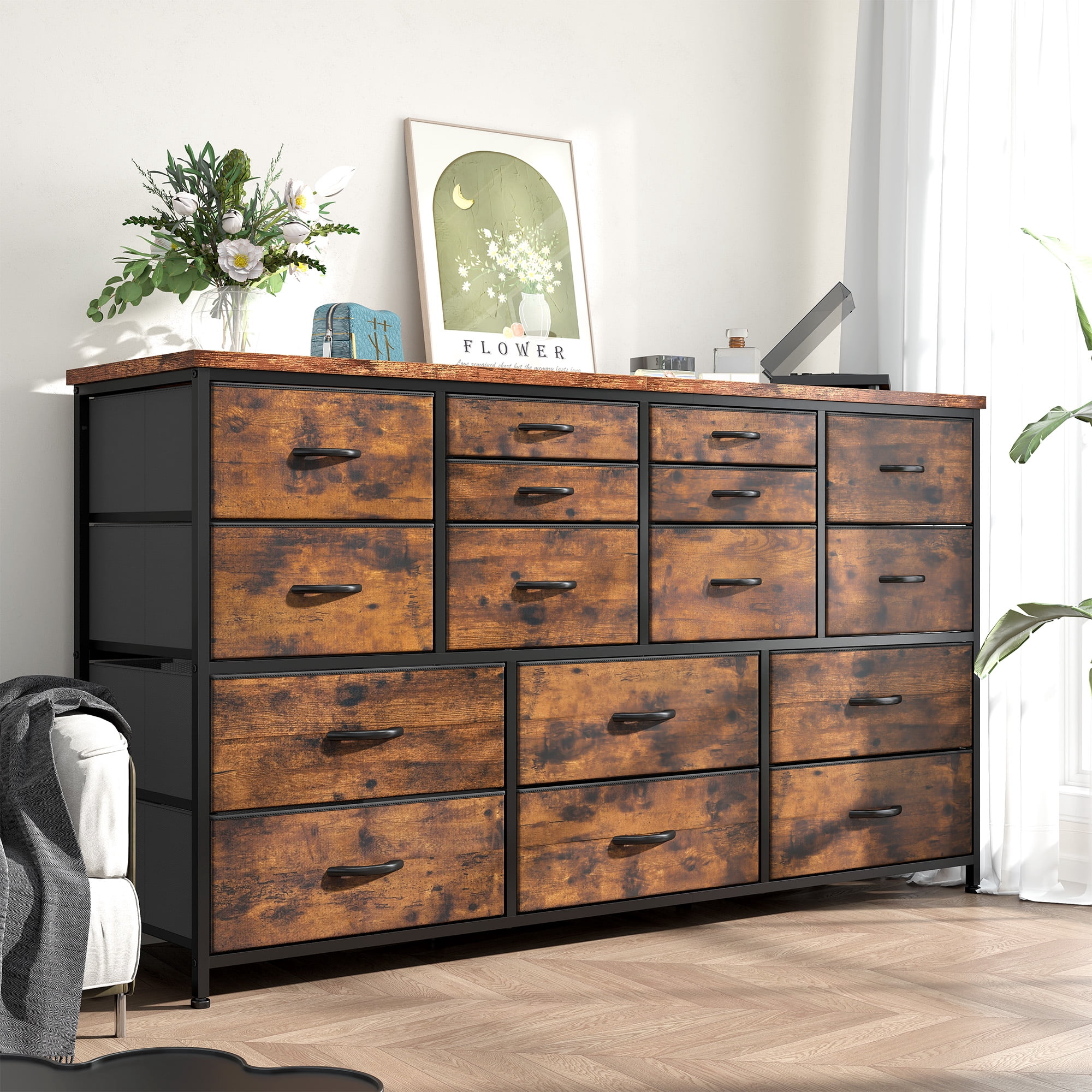 Romorgniz Dresser for Bedroom with 16 Drawers for Closet Fabric Dressers & Chests of Drawers TV Stand with Charging Station, Rustic Brown