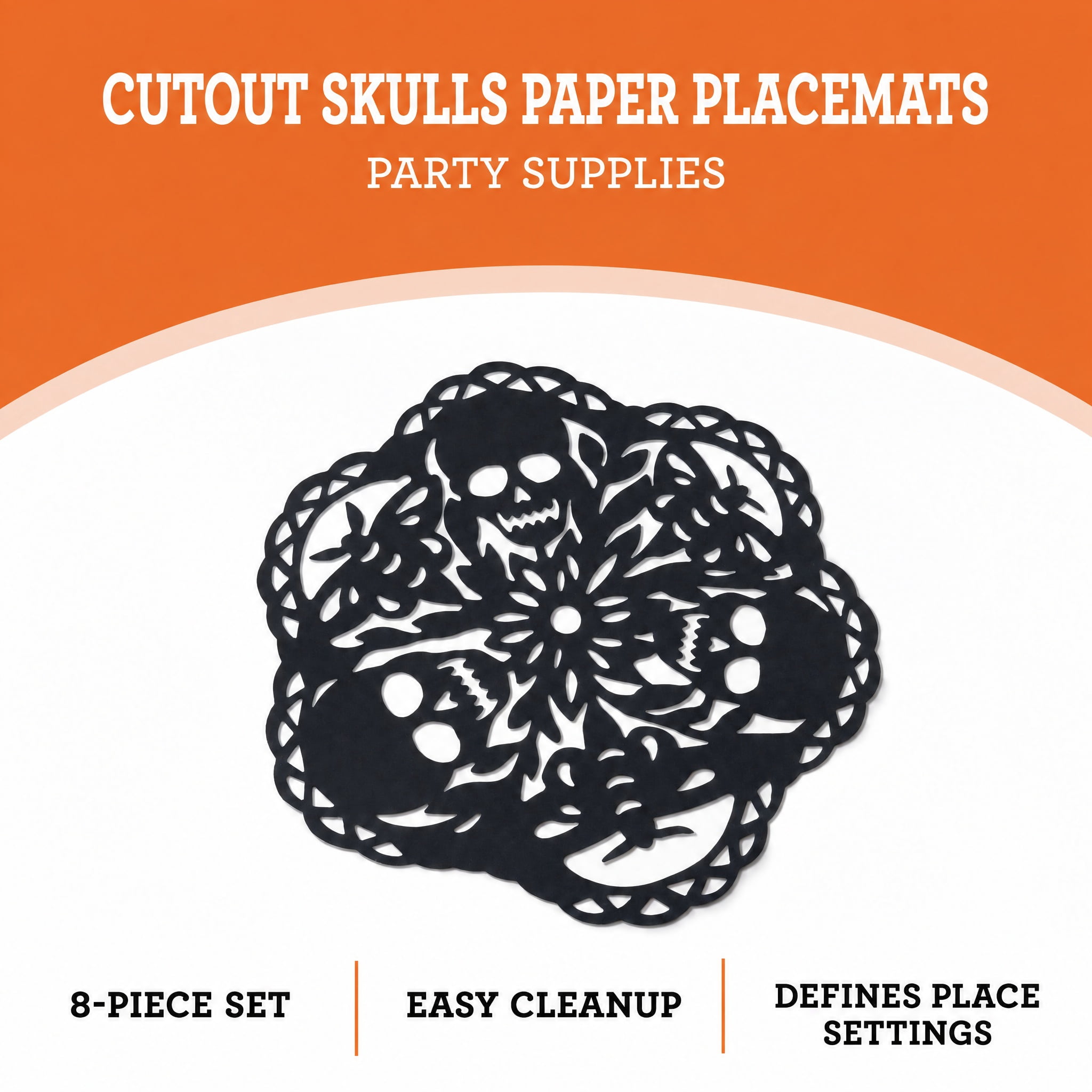 Cutout Skulls Paper Placemats, Black, 8 Count, Halloween by Way To Celebrate