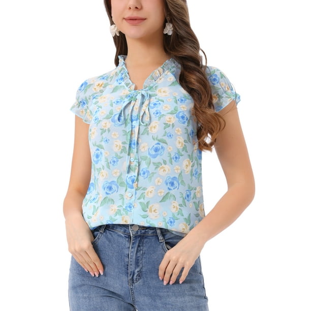 INSPIRAR CHIC Blusa Floral de Día de San Valentín para Mujeres con Mangas Cortas de Chifón y Volantes Talla XS Azul Cielo