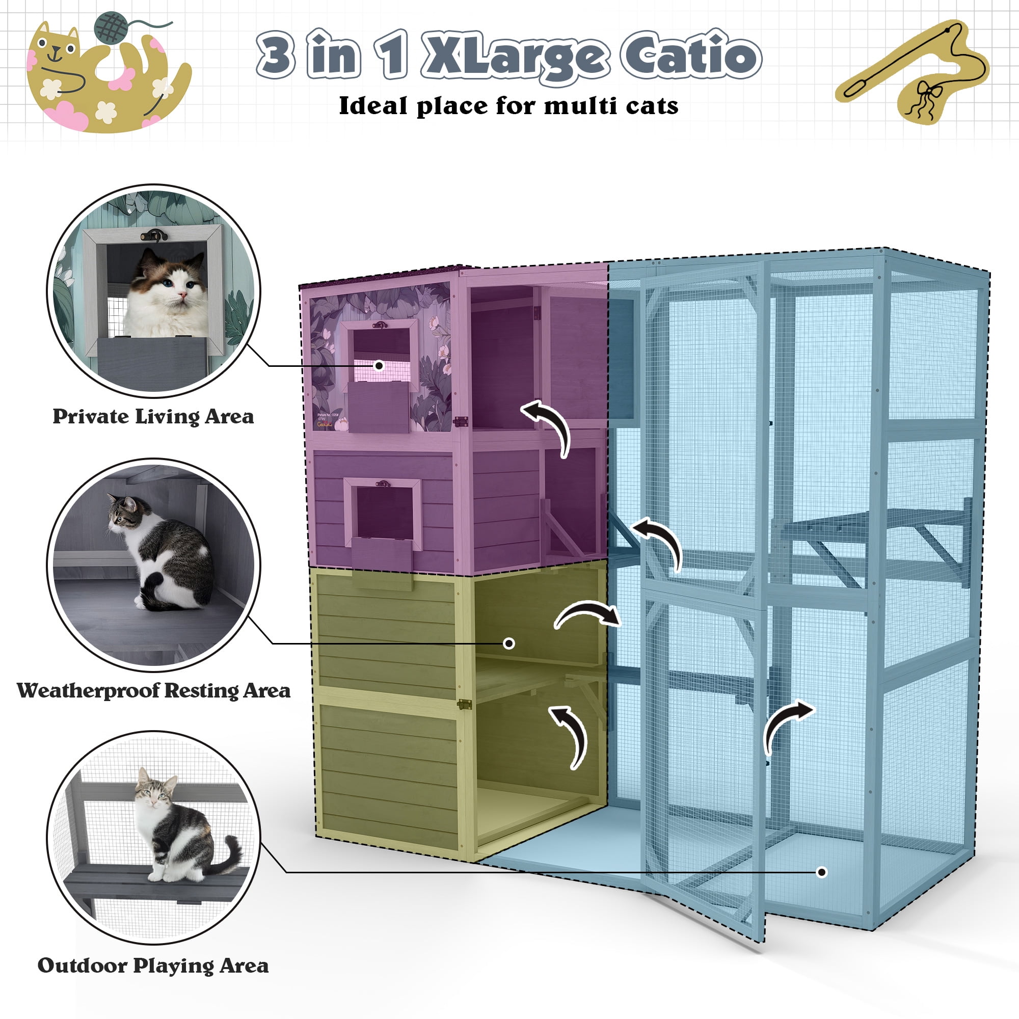 COZIWOW Wood  Cat House Catio Outdoor Enclosure, 2 Resting Condos, 2 Platforms, 4-Tier Cat Play Cage, Gray with Pattern