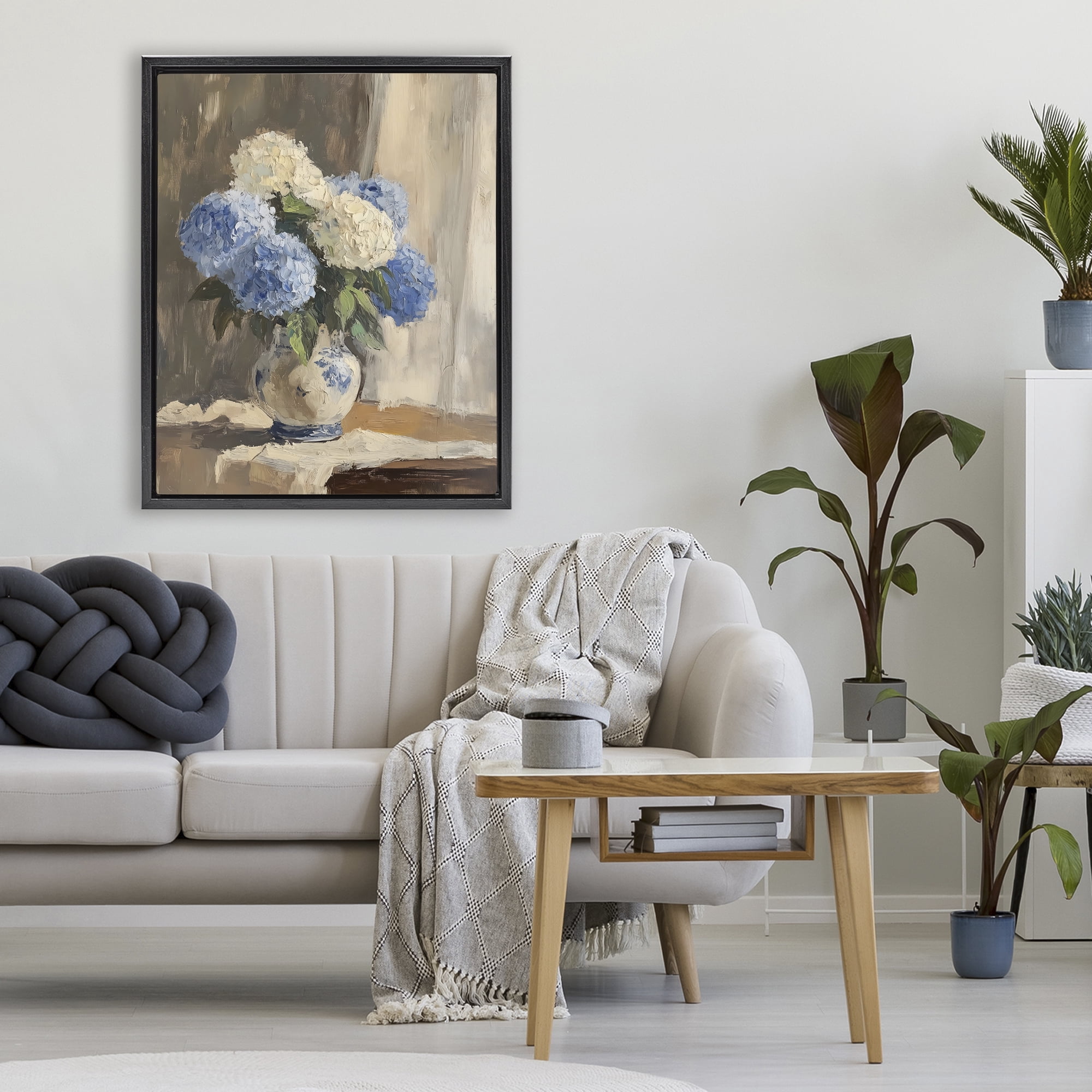 Stupell Industries Vintage Hydrangea in Ceramic Vase Black Framed Floater Canvas Wall Art, design by LSR Design Studio