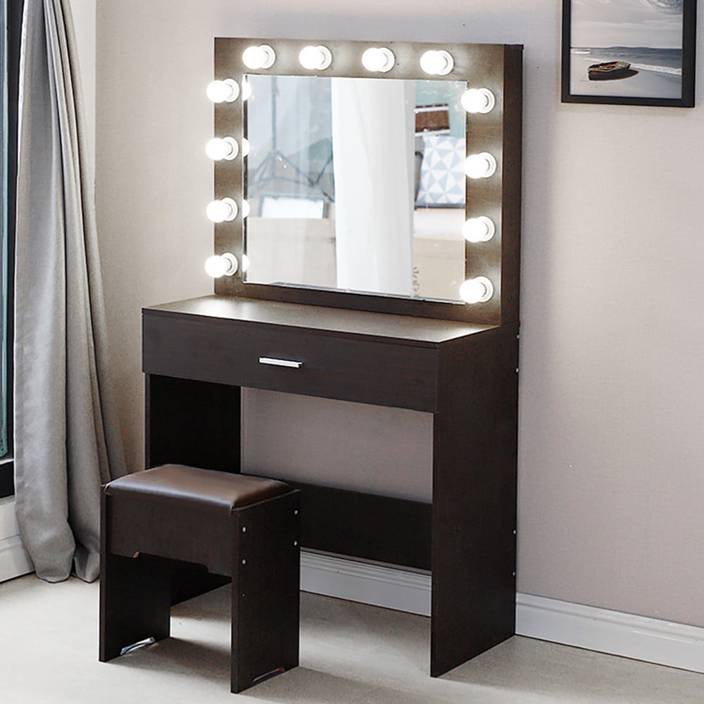 Vanity Makeup Table With Lighted Mirror Cushioned Stool & Dressing Table Set New 