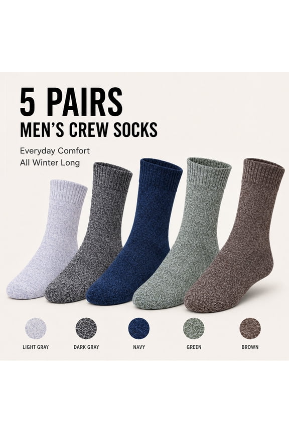 5 Pairs Merino Wool Socks for Men, Thick Winter Wool Hiking Socks, Warm Breathable Crew Mens SocksFit USA Size 7-13)