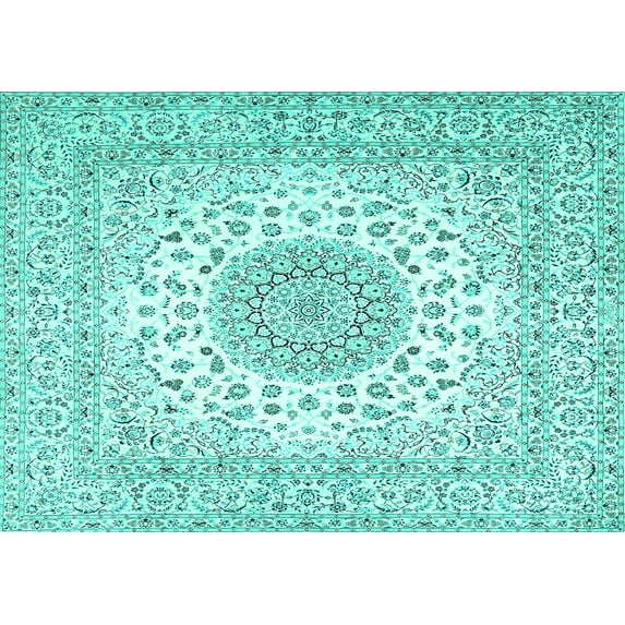 Ahgly Company Machine Washable Indoor Rectangle Medallion Turquoise Blue Traditional Area Rugs, 3' x 5'