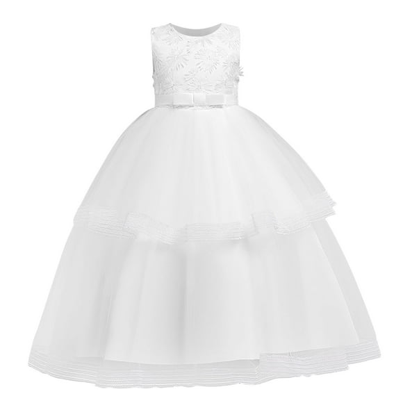 Huvoen Flower Girl Dress for Wedding Children's Dress Girl Sleeveless Princess Dress Flower Mesh Dress Skirt Dress White 5-6 Years