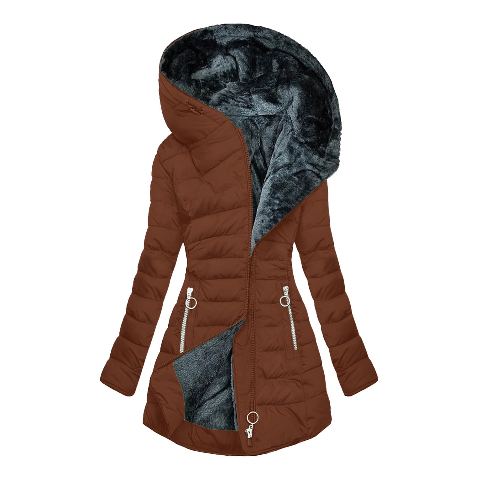UPPADA Puffer Long Winter Coats for Women Hooded Waterproof Fleece Lined Warm Long Puffer Jacket Thicken Zip Up Parka Outwear with Faux Fur Hood Quilted Jacket Womens Brown,S