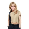 thumbnail image 2 of Lumtrix Girls Short Sleeve Crop Top Crewneck Backless Loose Fitted Basic Pullover Tops Teens Casual Oversize Sports Tee Beige 140, 2 of 4
