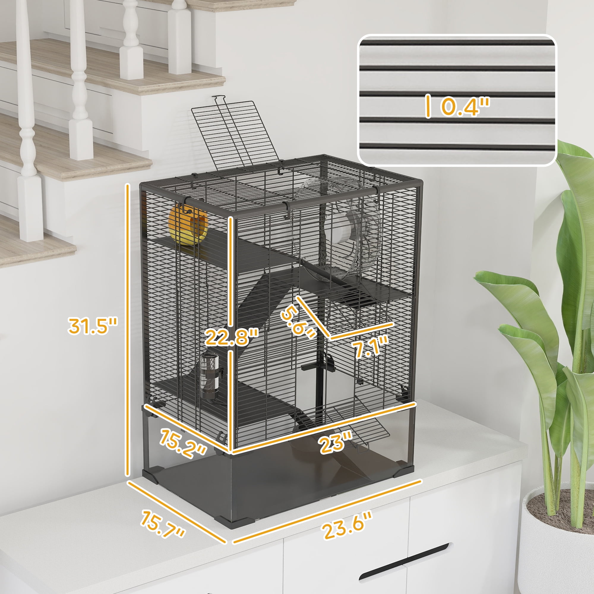 PawHut Deep Glass Bottom Hamster Cage, 4 Tiers Hamster Tank with Running Wheel, Hut, Water Bottle, Food Dish, Rat Cage, Black, 24" x 16" x 31.5"