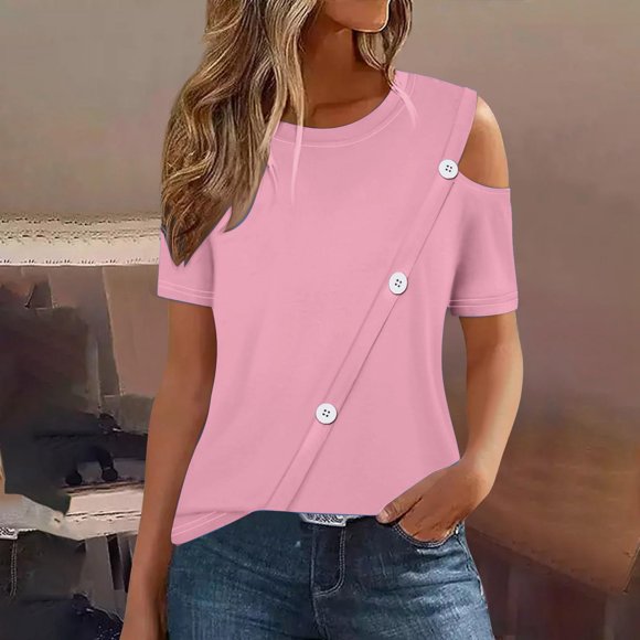 Frostluinai Going Out Tops for Women Dew Shoulder Irregular Button Shirts Crew Neck Short Sleeve Lounge T Shirts Solid Color Loose Tees