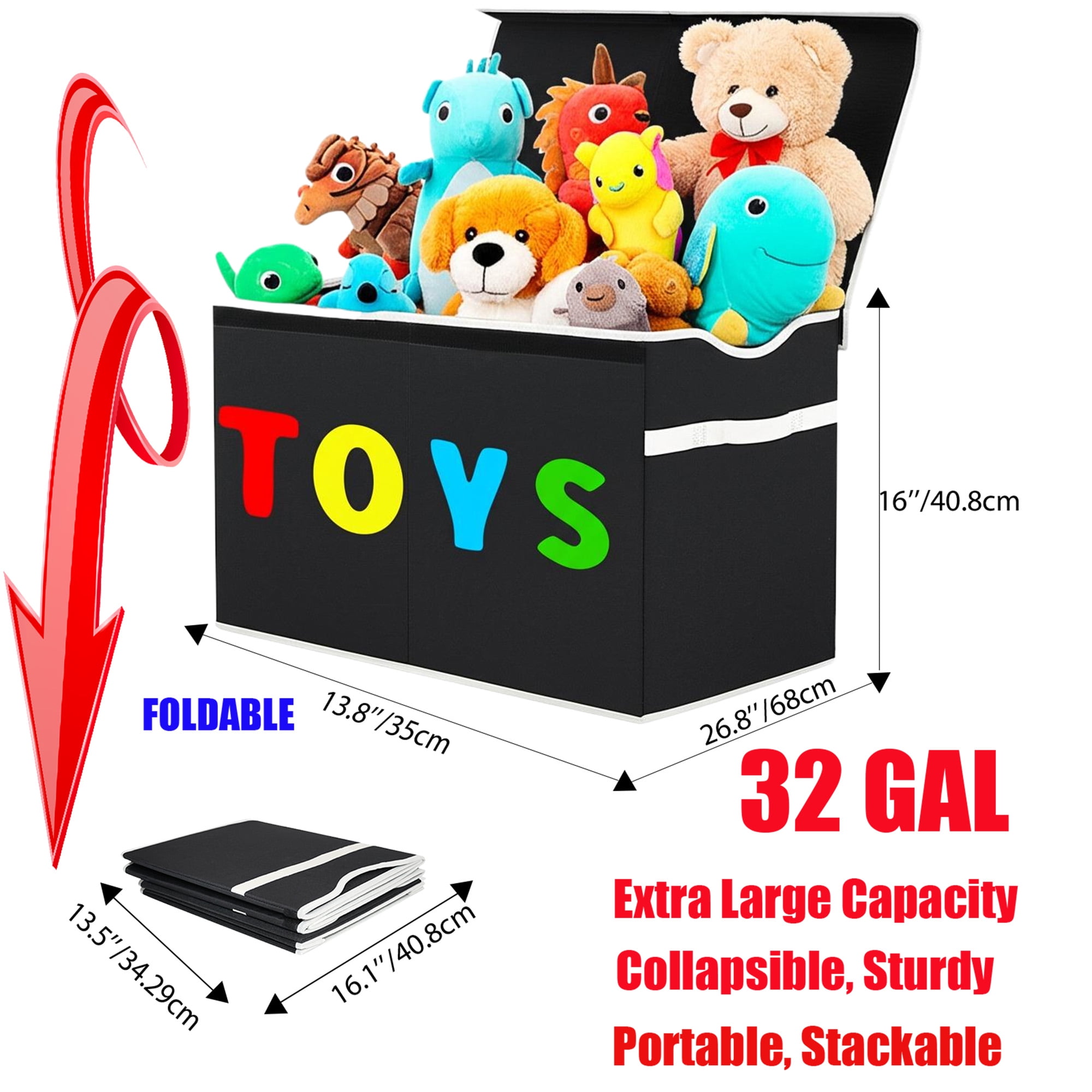VICTORICH Large Child Collapsible Toy Storage Fabric 32 gal Kids Room Toy Chests, with 1x Extra Large Toy Storage Box with Lid, Black
