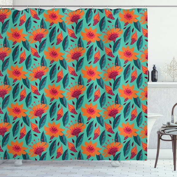 Botanical Shower Curtain, Ditsy Style Floral Pattern with Vibrant Leaves Revival Field, Fabric Bathroom Set with Hooks, 69W X 84L Inches Extra Long, Sea Green Vermilion Dark Coral, by Ambesonne