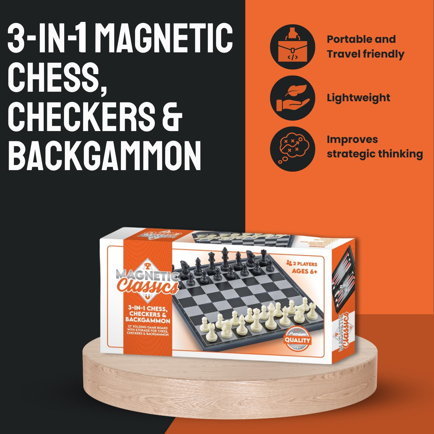 Tradeopia Magnetic Classics – 12 Inch Magnetic 3 in 1 Chess, Checkers & Backgammon Classic Game