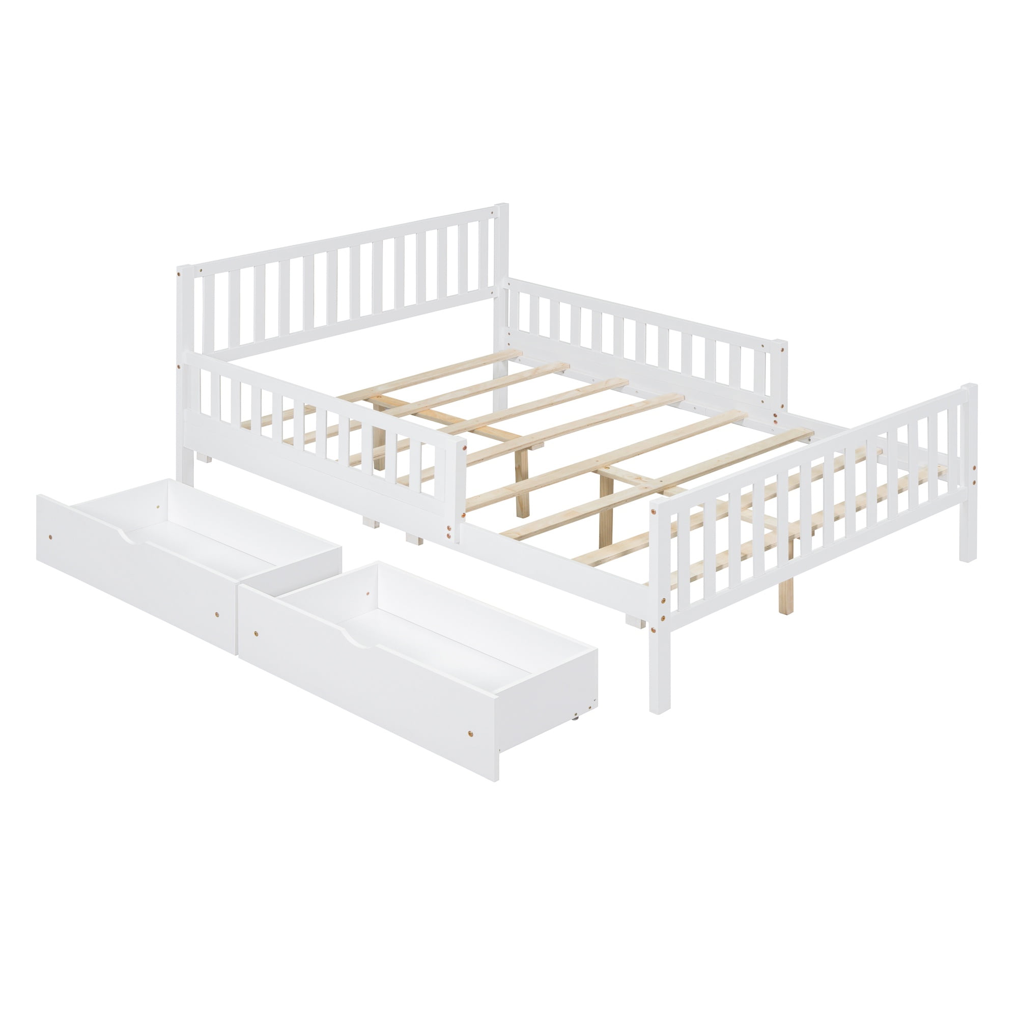 Bellemave Full Bed with Storage Drawers and Fence Rails, Wood Platform Beds Frame with Headboard, Full Size Storage Bed for Kids Boys Girls Teens（White)