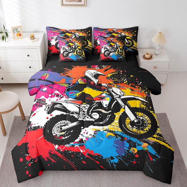 YST Motocross Rider 7-Piece Full Bed in a Bag, Colorful Tie Dye Comforter Set with Sheets, All Season Motorcycle Dirt Bike Moto Cool Sports Bedding