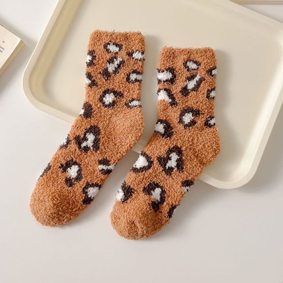 Neewe Women Leopard Print Half Fleece Mid Socks Coral Fleece Thickened Warm Sleeping Socks