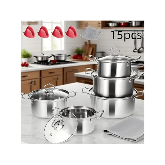 15-Piece Pot Set, Stainless Steel Pots, Suitable For Stovetop And Induction Cooking, Can Be Used As A Soup Pot, Stew Pot, Wok, Multi-Purpose