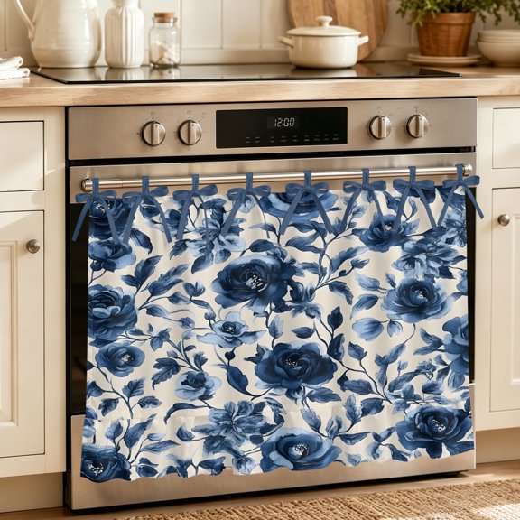 Oven Skirt Curtain for Kitchen 20x27 Inch, Navy Blue Botanical Peony Oven Curtain with 8 Ribbon Ties & Ruffle Trim, Stove Skirt Curtain Dishwasher for Cabinets Over Sinks Vintage Floral Blossom