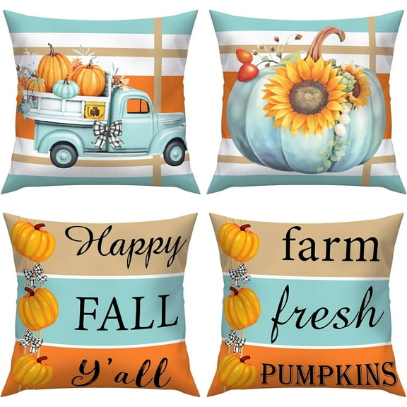 4pcs Fall Pillow Covers Pumpkins Truck Sunflowers Throw Cushion Cases Buffalo Plaid Sweet Home Throw Pillow Covers for Thanksgiving Autumn Farm Harvest Sofa Couch Decorations (18x18 inch)
