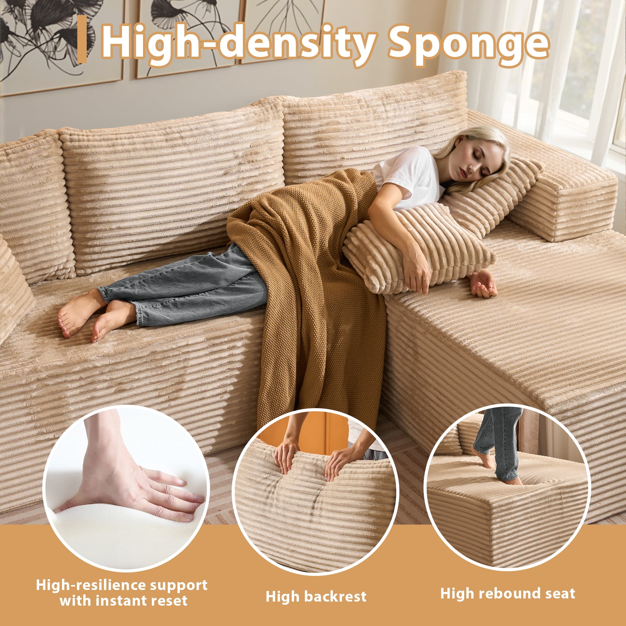Vcatnet 106" Modular Sectional Sofa Couch Plush Corduroy Cloud Couch L Shaped Modern Minimalist Couch with Chaise for Living Room, Beige