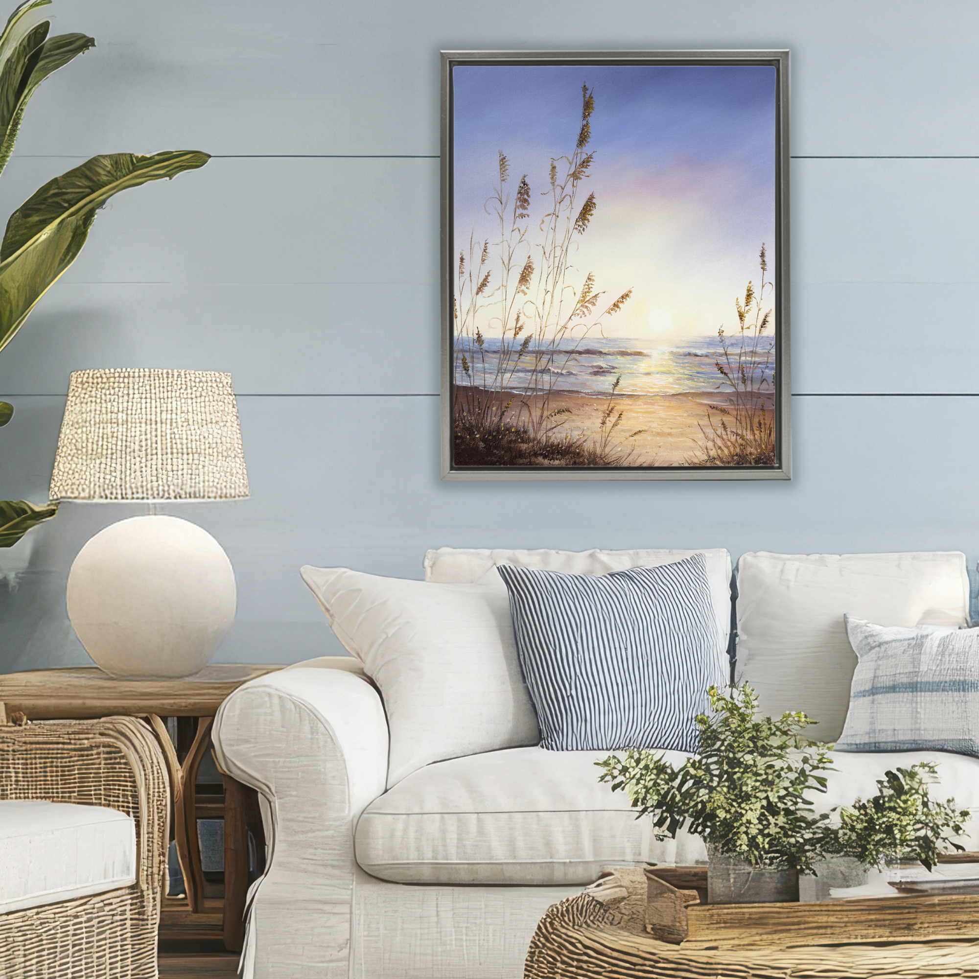 Seascape with Sunlit Grasses Gray Framed Floater Canvas Wall Art, design by Michelle Faber