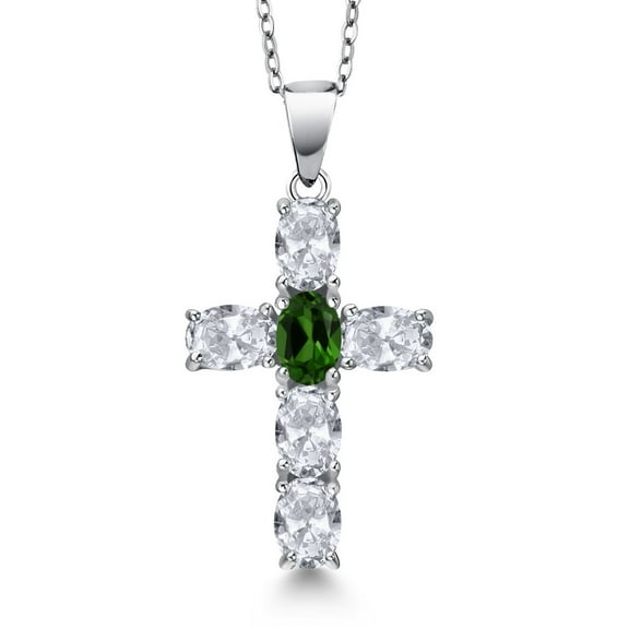 Gem Stone King 925 Sterling Silver White Topaz and Green Chrome Diopside Cross Pendant Necklace for Women | 3.55 Cttw | Gemstone November Birthstone | Oval 6X4MM | With 18 inch Chain