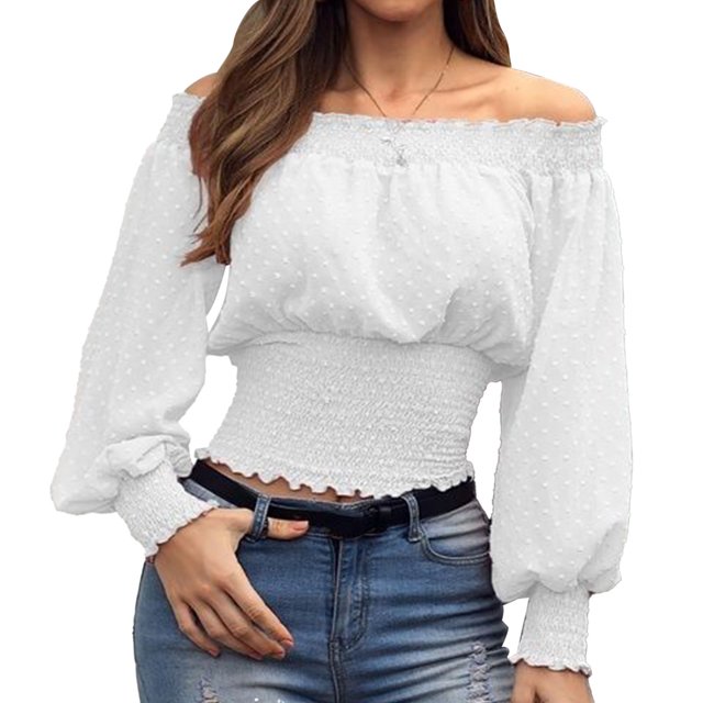 Top con hombros descubiertos, versátil, suave, transpirable, con hombros descubiertos, lunares de moda, cintura con volantes, Top de gasa, camiseta para mujer, Blanco M