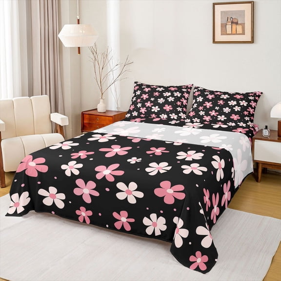 Homewish Kawaii Blossom Twin Sheet Sets,Cute Flower Floral Twin Fitted Sheet,Pink White Black Flat Sheet For Girl Teens,Super Cozy Room Decor,3-Piece